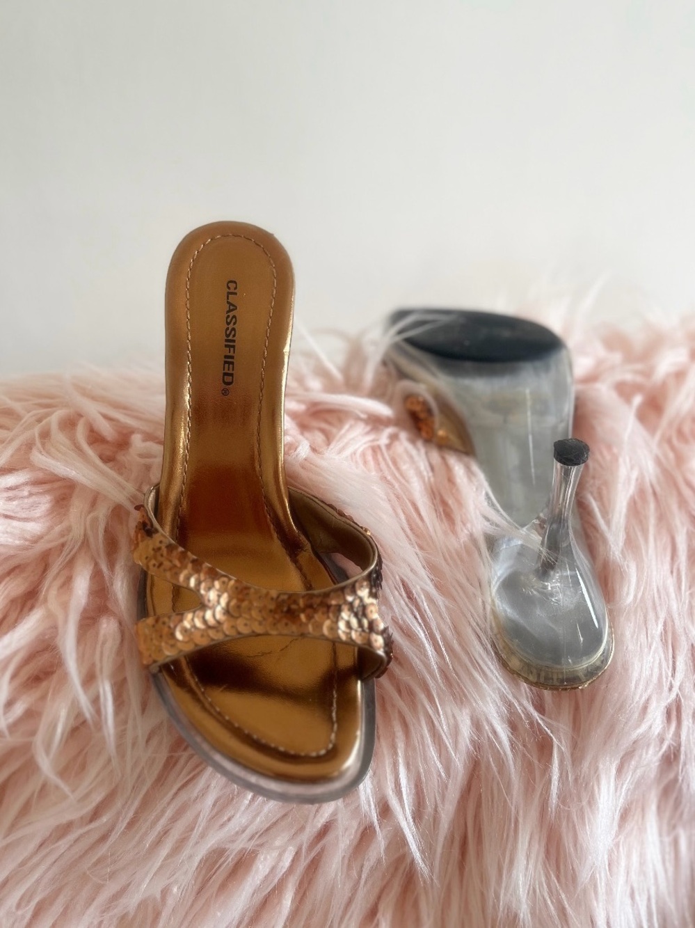 CLASSIFIED Copper Sequin Crossband Heeled Slides